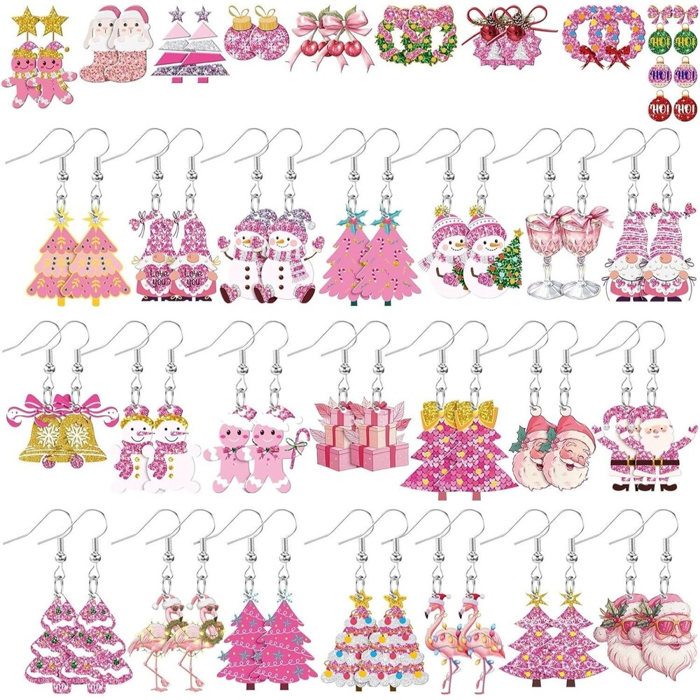 Nosiny 29 Pcs Pink Christmas Earrings Set Cute Holiday Dangle Santa Tree Jewelry